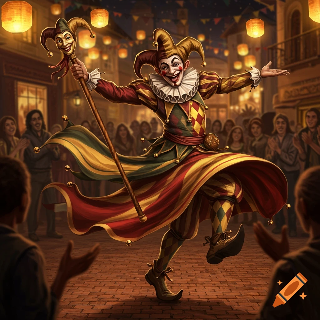 A jester in colorful harlequin attire dances in a lively street festival at night, holding a fancy cane with a smiling jester's head.
