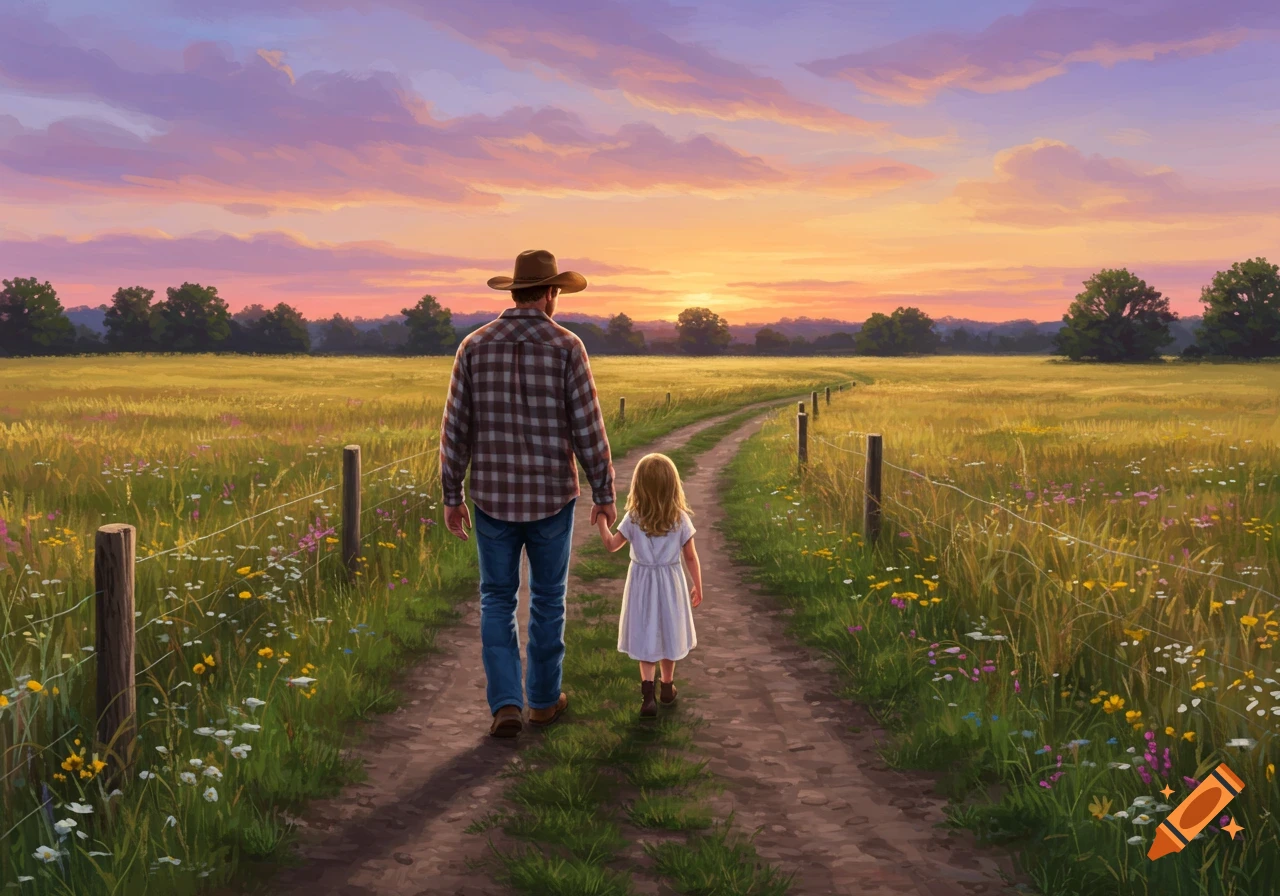 A father and his young daughter walk hand-in-hand down a dirt path through a vibrant field at sunset.
