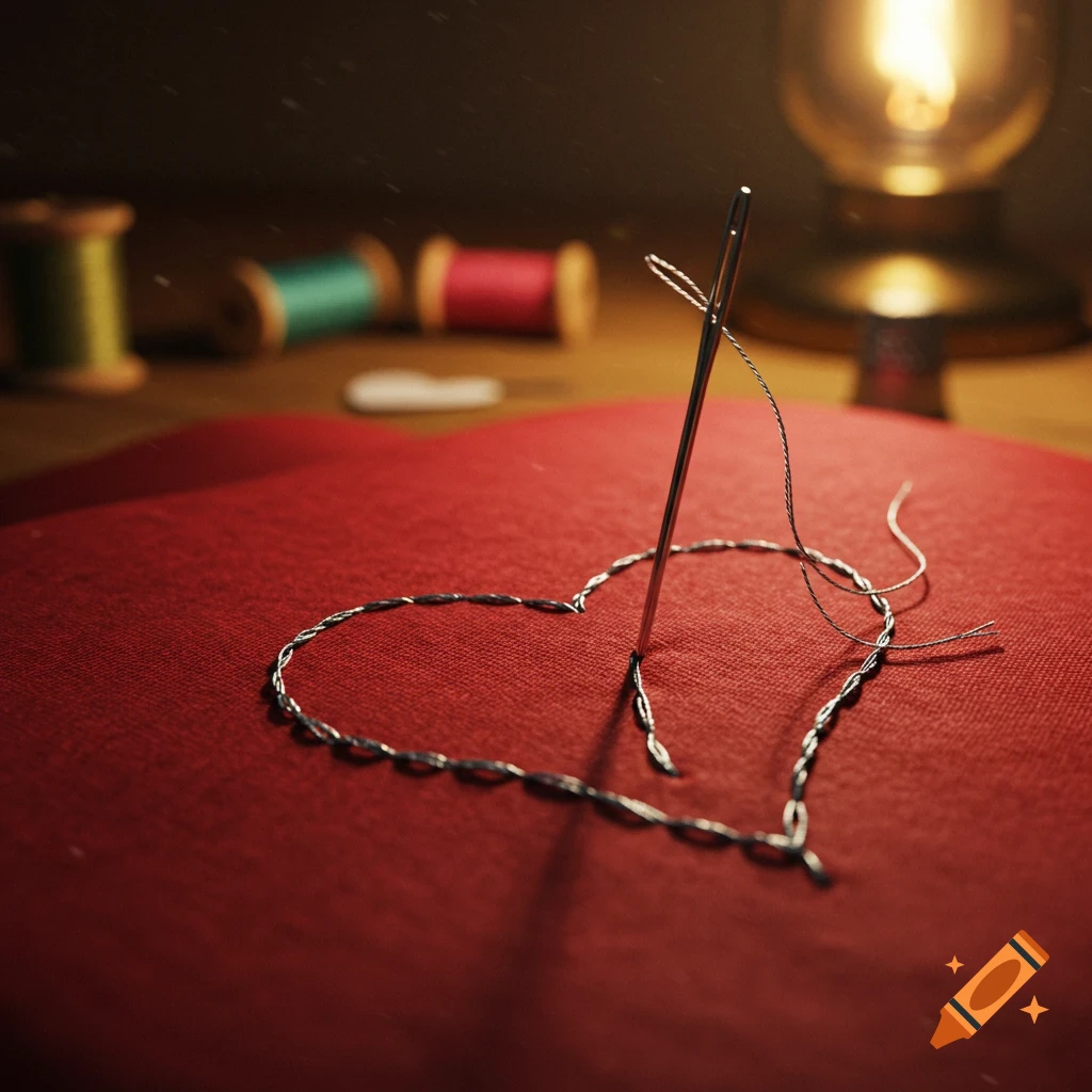 A needle with thread sewing a silver heart outline onto red fabric, with colorful spools and a glowing lamp in the blurred background.