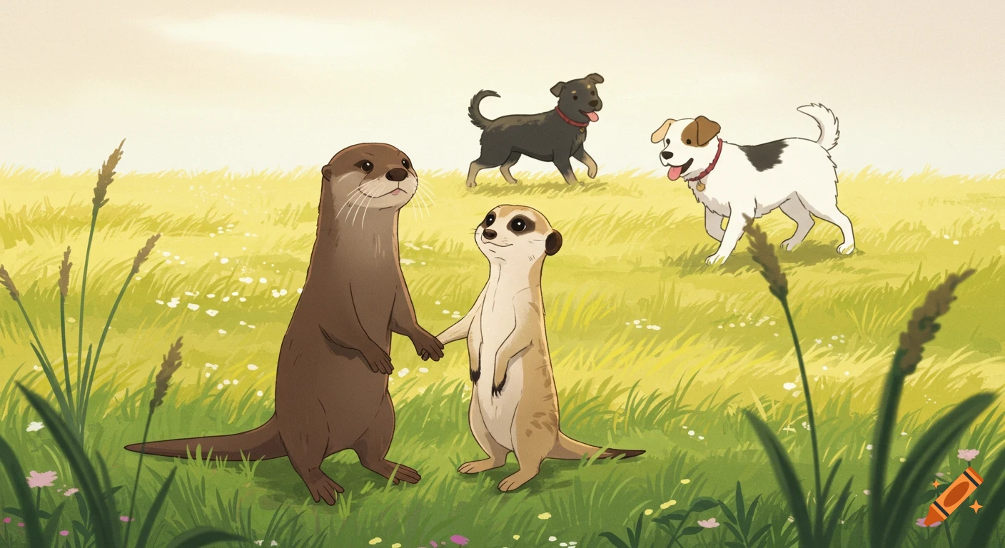 A sweet cartoon illustration of an otter and a meerkat holding hands in a sunny meadow, with two dogs playing in the background.