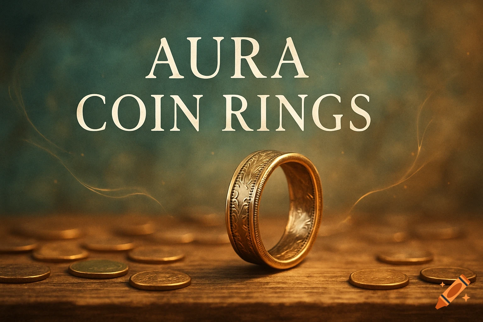 A detailed golden ring stands upright among scattered coins on a wooden table, with the text 'AURA COIN RINGS' above.