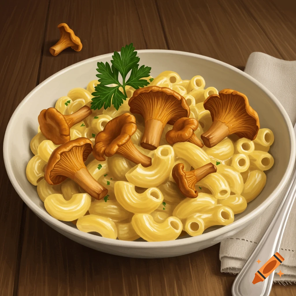 Digital painting of macaroni and cheese with chanterelle mushrooms and parsley in a white bowl on a wooden table.