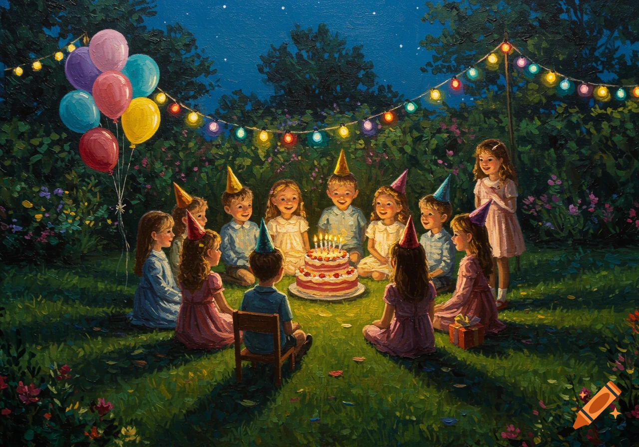 An oil painting depicts children sitting around a birthday cake with lit candles at a night party, with balloons and string lights.