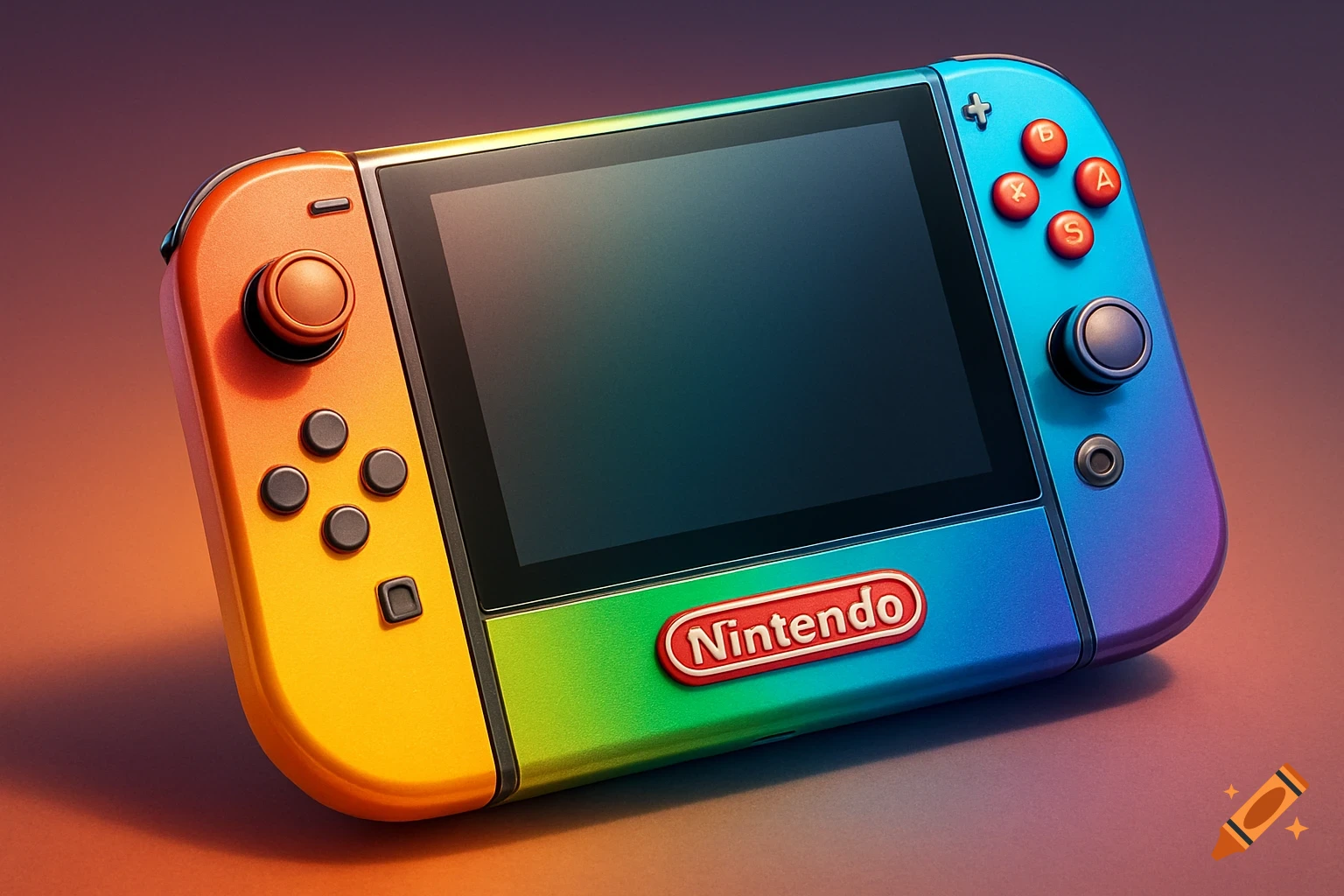 A vibrant rainbow-colored Nintendo Switch gaming console with a red Nintendo logo and red buttons on a gradient background.