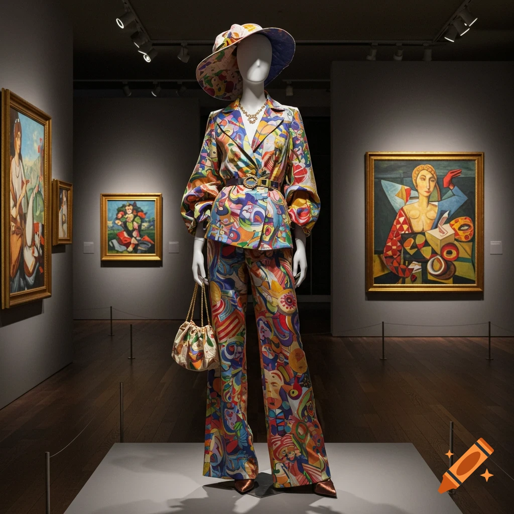 Mannequin in a museum displays a vibrant, abstract-patterned suit, hat, and handbag, with framed paintings in the background.
