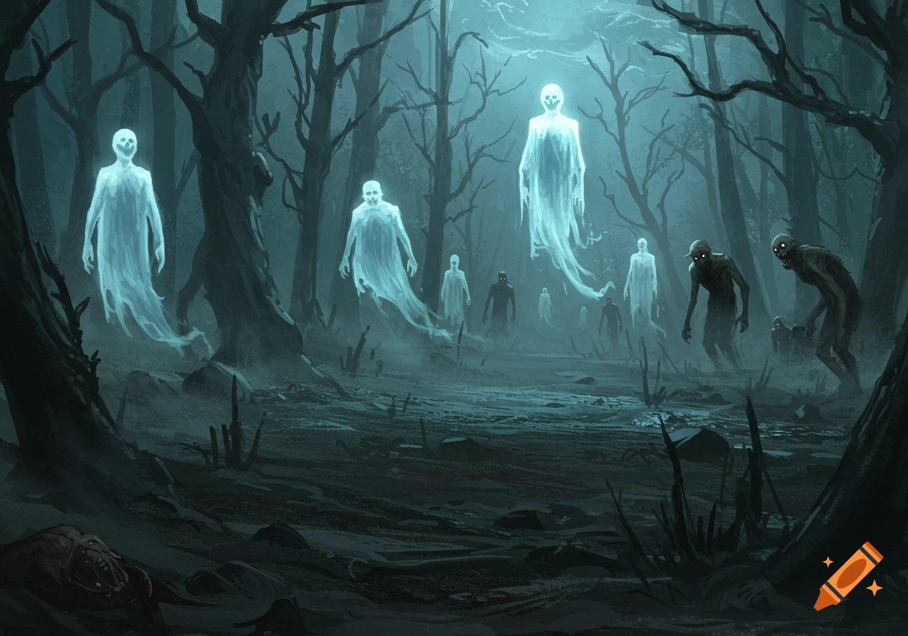 A dark, misty forest scene with numerous glowing blue ghosts and shadowy, zombie-like figures among bare trees, in a horror art style.