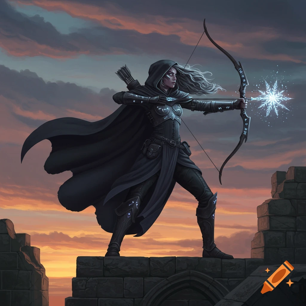 An arcane archer with a hooded cloak stands on a battlement, drawing a bow with a glowing elemental frost snowflake at twilight in heroic fantasy art style.