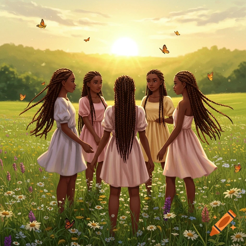 Five young Black girls with long braids stand in a circle in a wildflower field at sunset with butterflies flying around, illustration.