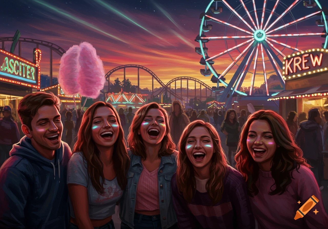 Five laughing people at a vibrant amusement park with a Ferris wheel and roller coaster in the background at sunset, in an illustrative style.