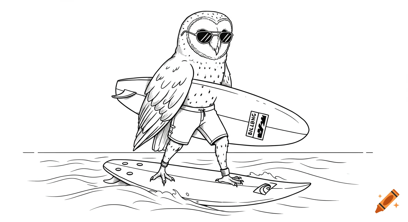 Black and white illustration of a cool barn owl in sunglasses and board shorts, carrying a surfboard and standing on another surfboard in water.