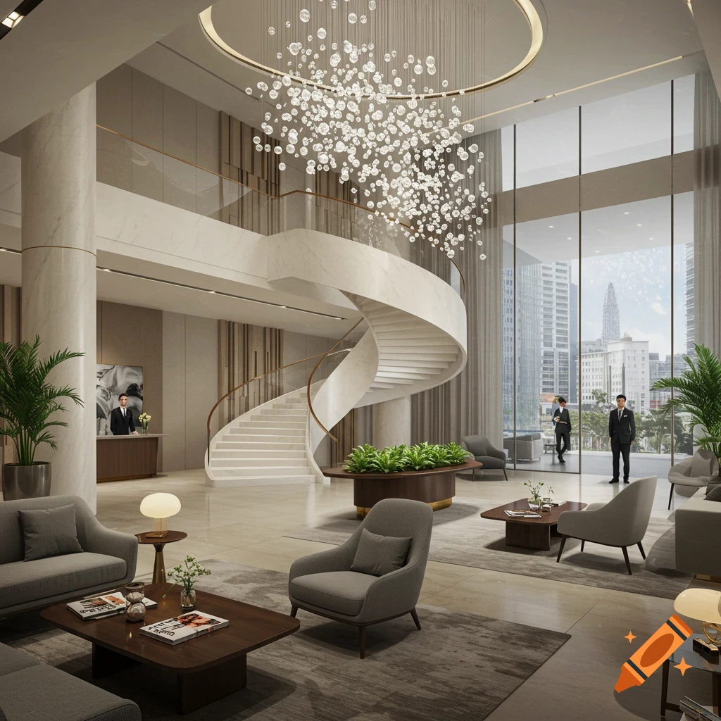 A luxurious modern hotel lobby with a grand spiral staircase, a large crystal chandelier, comfortable seating, and a reception desk.