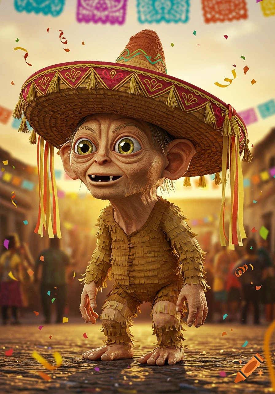 A detailed image of Gollum dressed as a pi tilde;ata wearing a sombrero, surrounded by confetti and festive banners on a street.