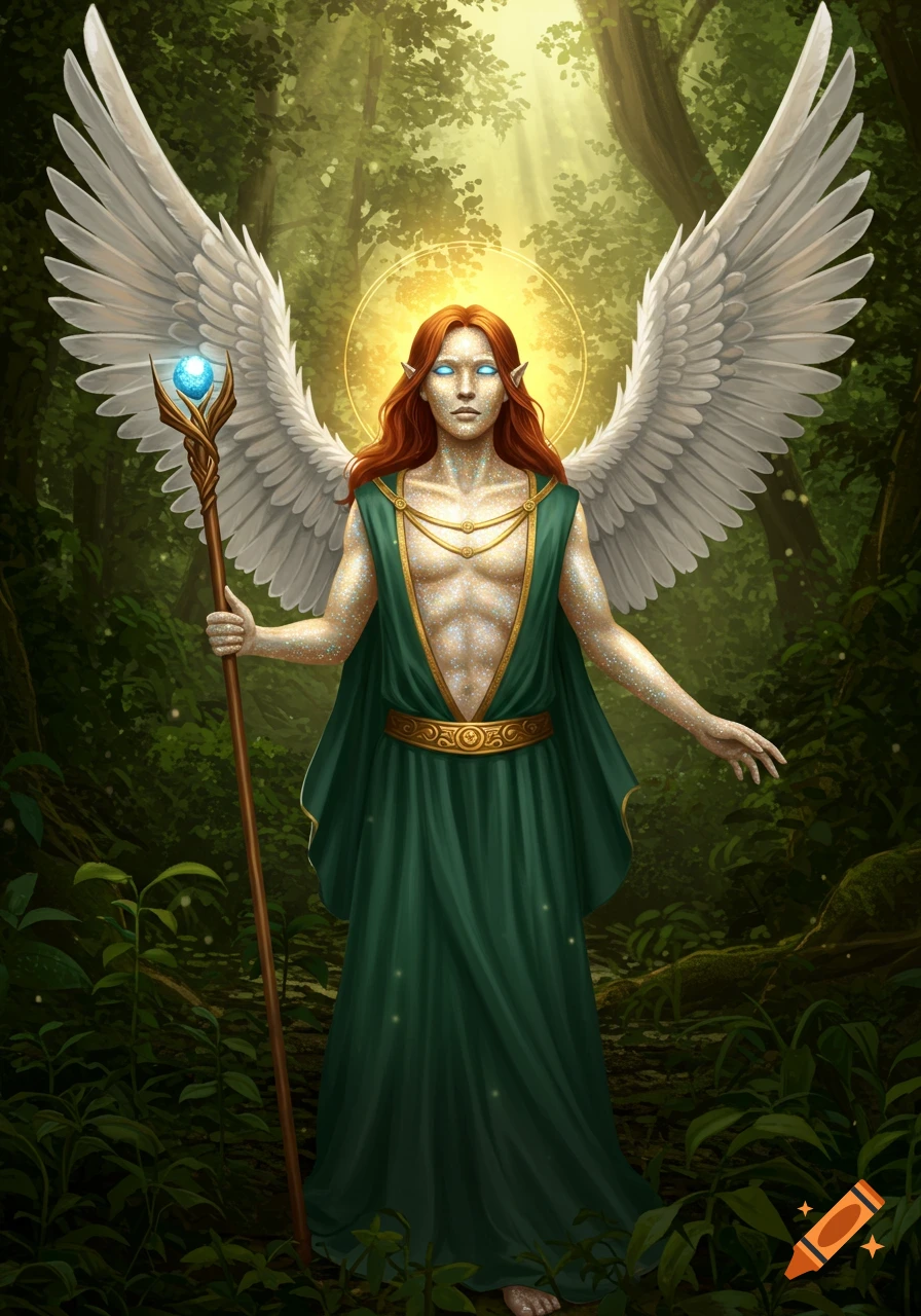 A tall, red-haired, androgynous angel with white wings and glowing blue eyes stands in a sunlit forest, holding a glowing staff.