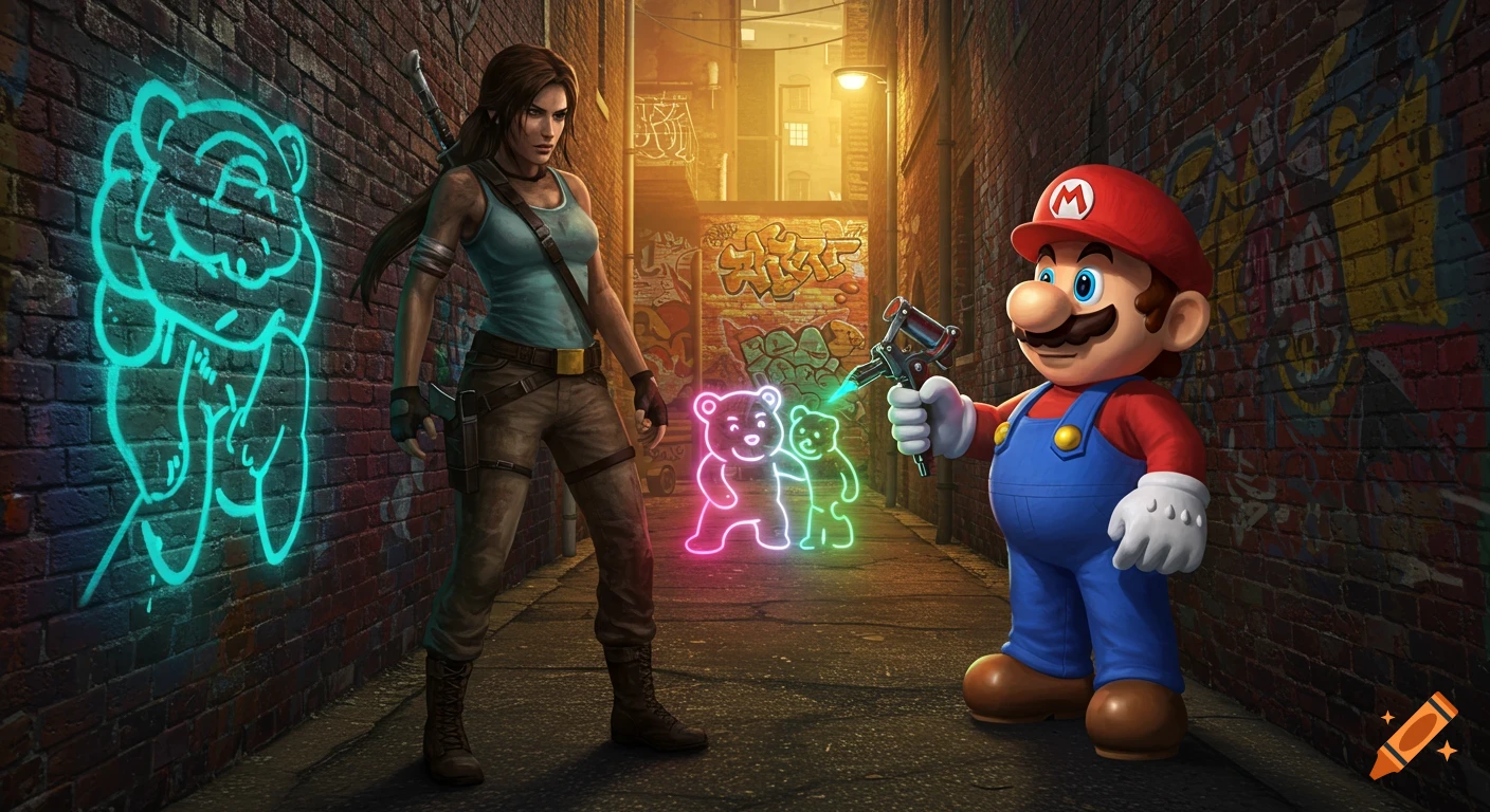 Lara Croft and Super Mario in a graffiti alley. Mario holds a glowing tattoo gun, creating neon bear designs on a wall.
