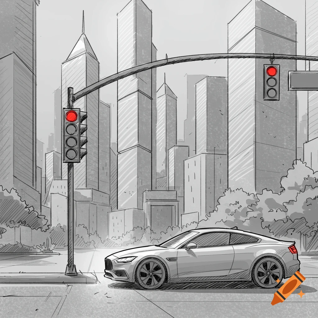 A black and white sketch of a white car stopped at a red traffic light ...