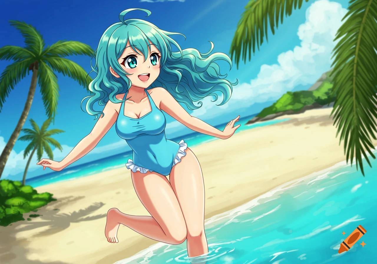 An anime girl with blue hair in a blue swimsuit runs in the ocean on a sunny beach with palm trees.