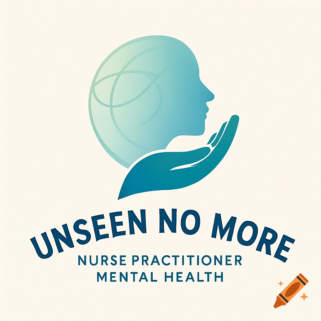 A blue and teal logo showing a head profile within a globe, cradled by a hand, with text "UNSEEN NO MORE Nurse Practitioner Mental Health".