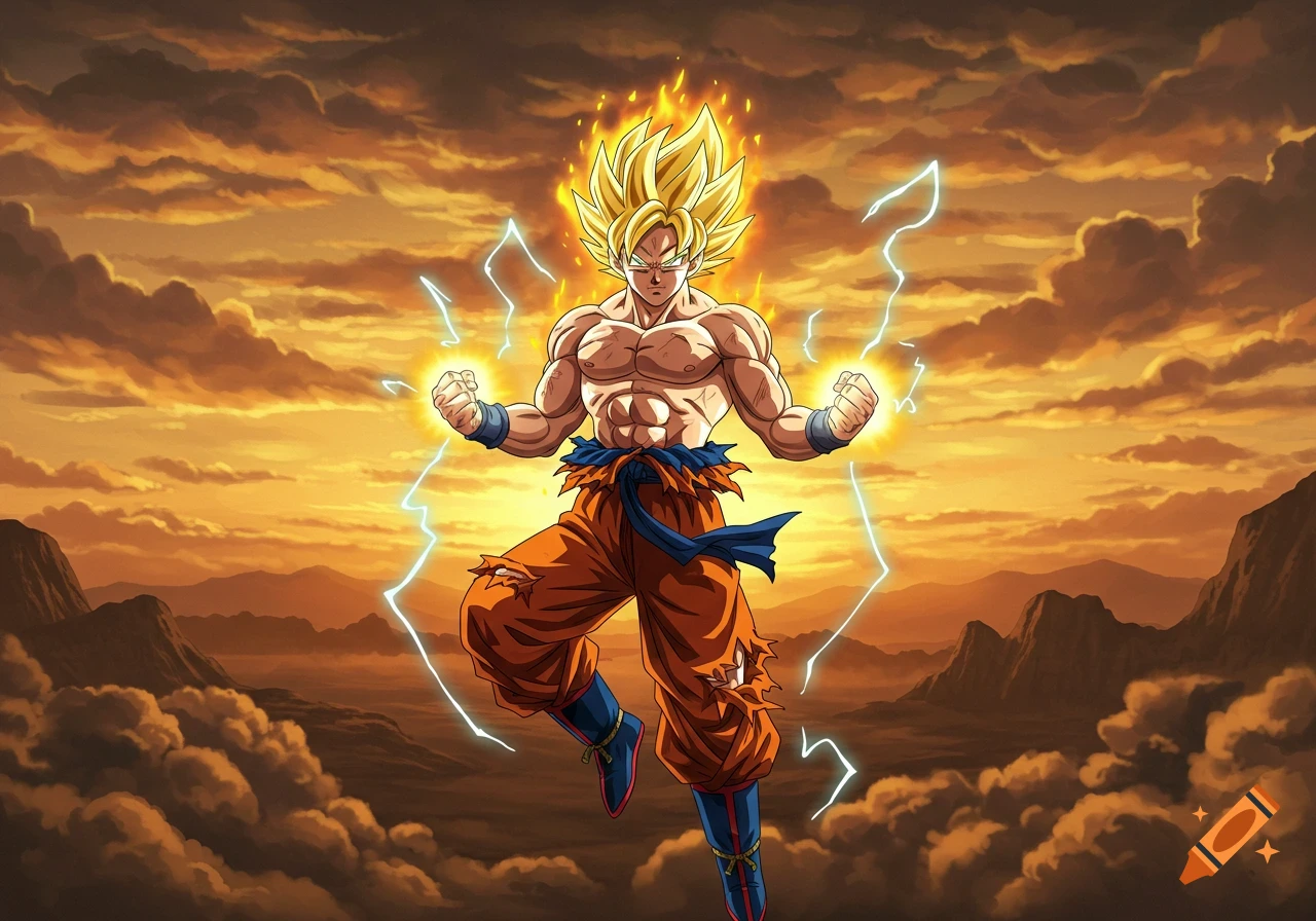 Goku in Super Saiyan form, glowing with a golden aura and lightning, floats against an orange, cloudy sky with mountains, in anime style.