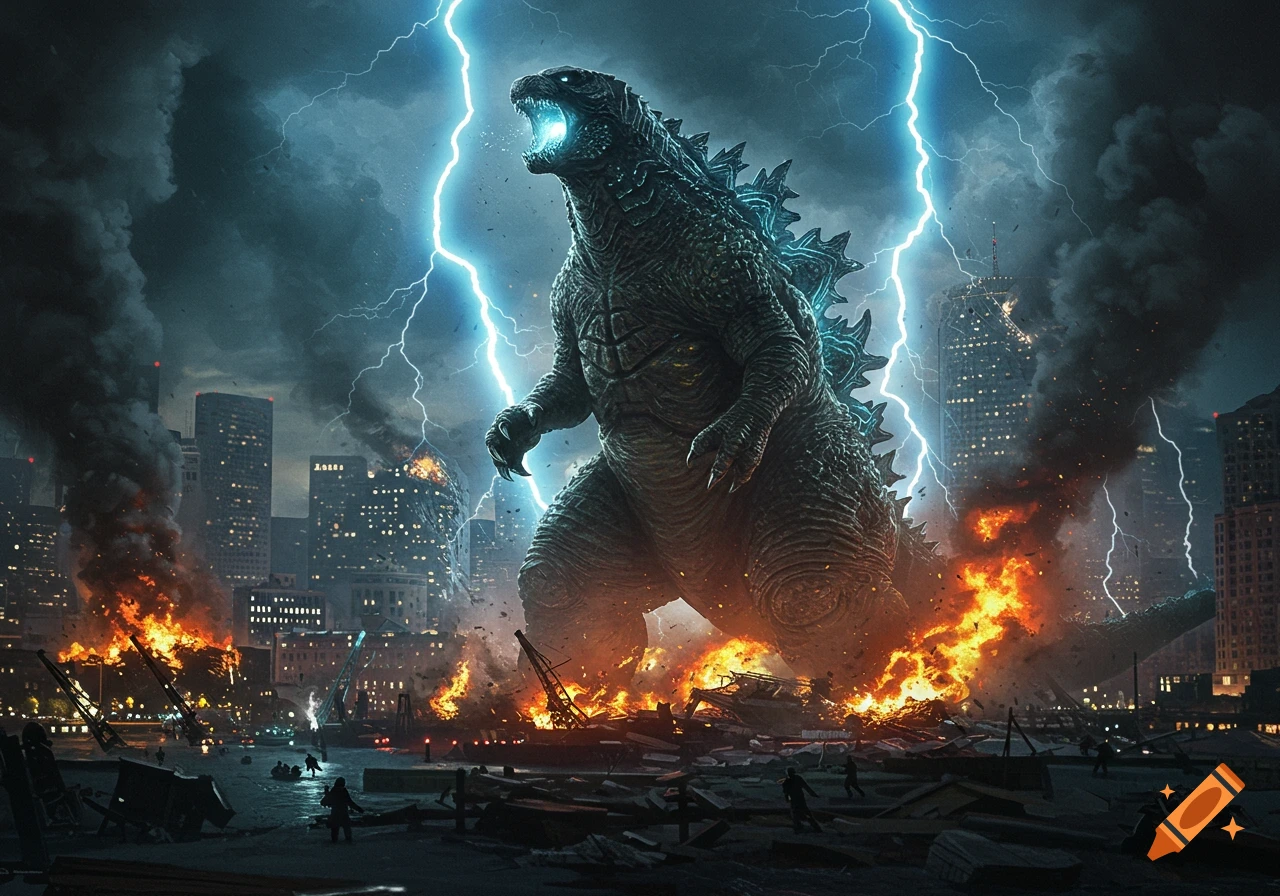 Giant Godzilla roars as blue lightning strikes, destroying a burning city skyline at night.