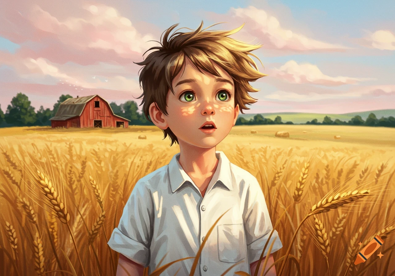 A stylized illustration of a wide-eyed boy with green eyes standing in a golden wheat field with a red barn.