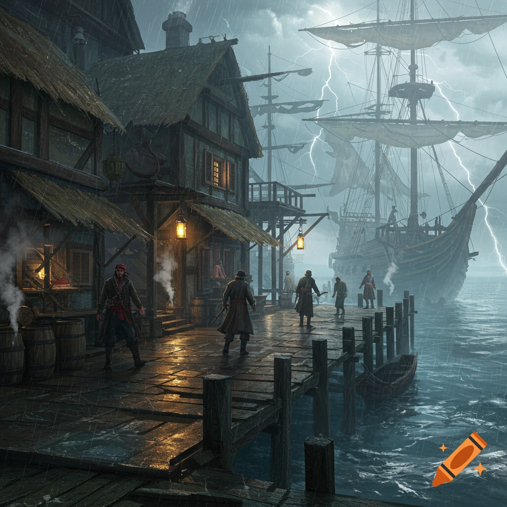 A photorealistic digital painting of a rainy pirate port with ships in a stormy sea and figures on a wet wooden dock.