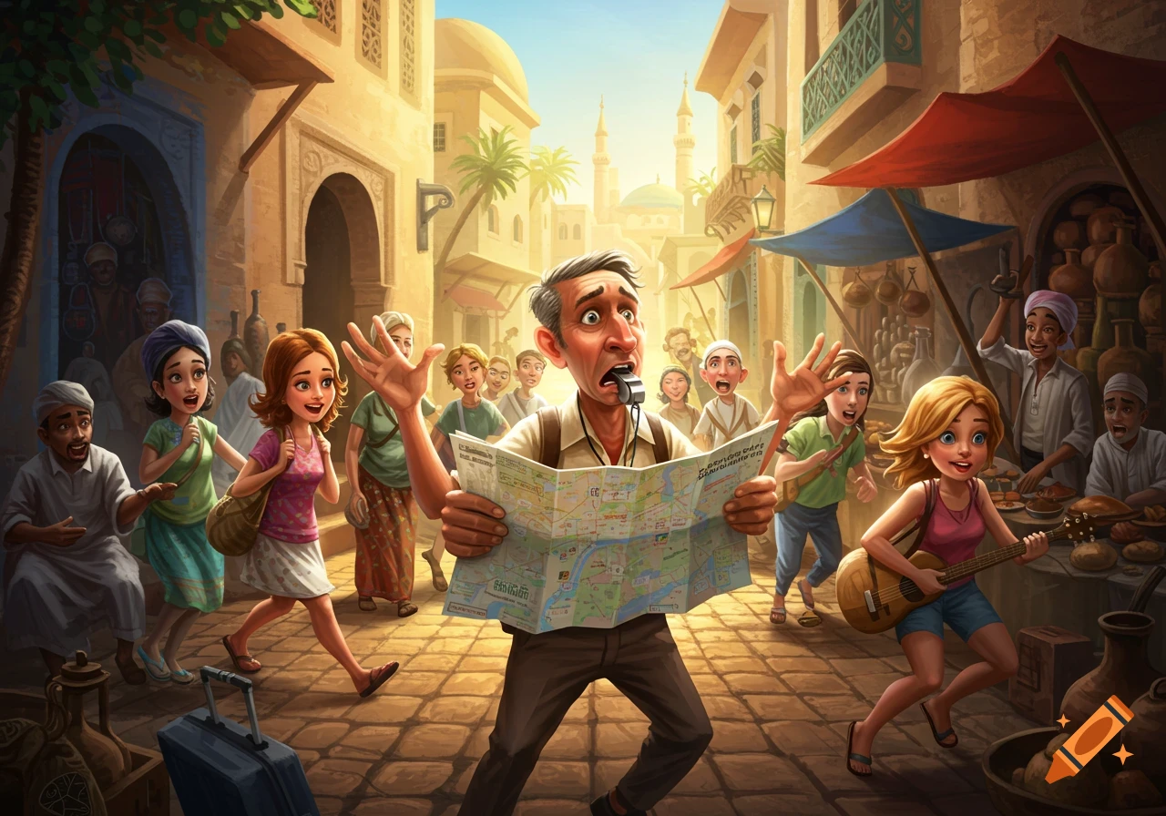 A bewildered tour guide with a whistle and a map leads a chaotic group of tourists through a bustling Middle Eastern market street, cartoon illustration.