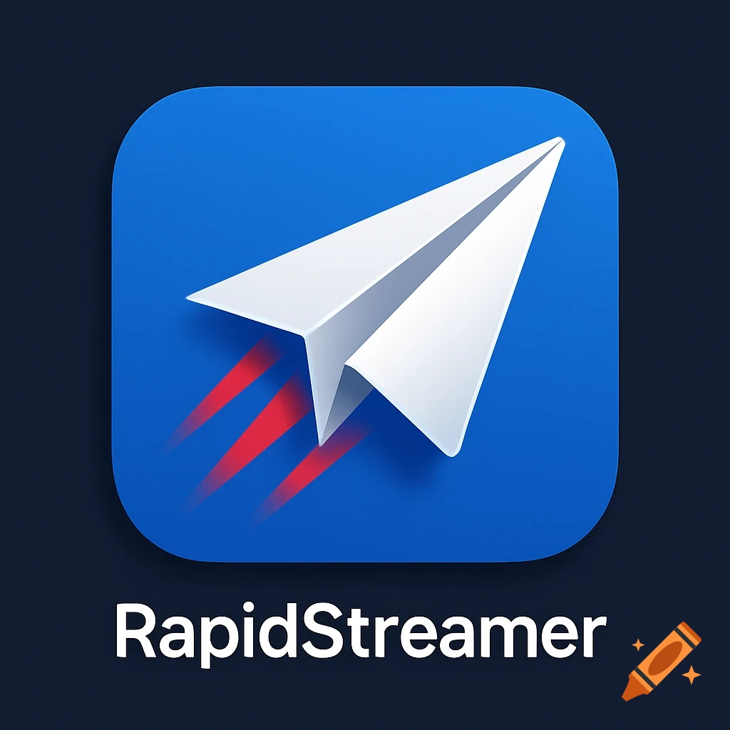 Blue app icon with a white paper airplane, red speed trails, and 'RapidStreamer' text below.