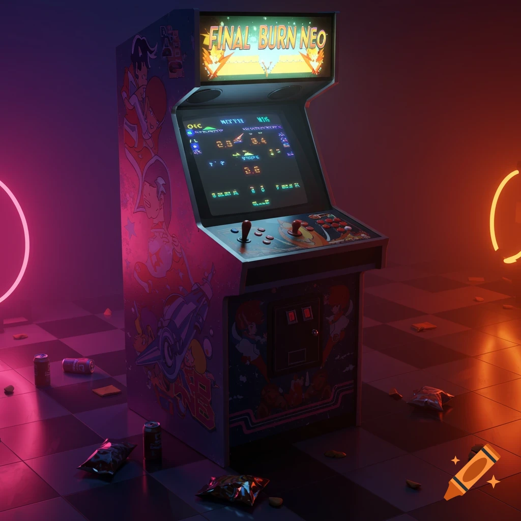 A retro-futuristic arcade machine with 'FINAL BURN NEO' on its marquee, surrounded by neon lights and litter on a checkered floor.