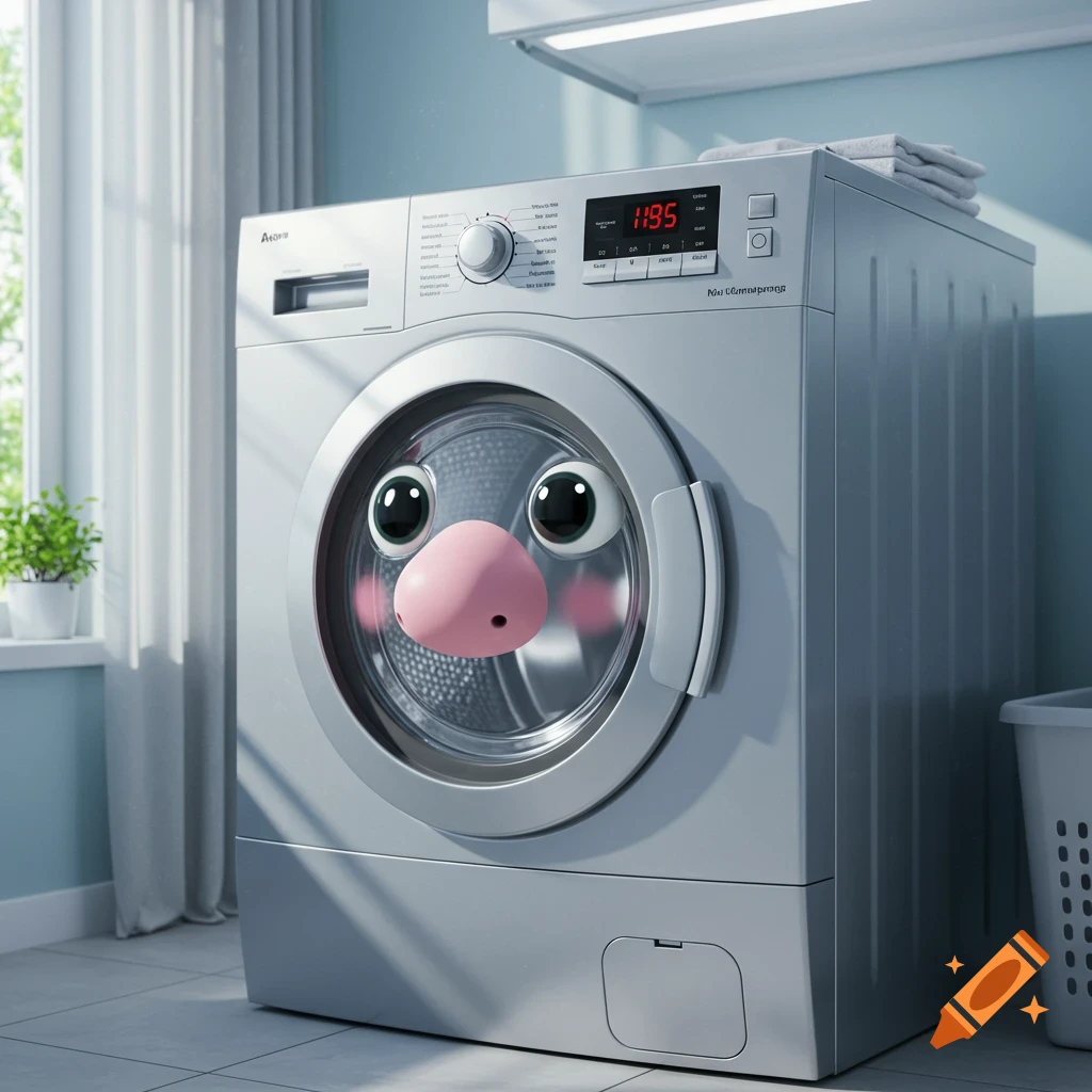 A photorealistic washing machine with large cartoon eyes and a pink pig-like nose on its front-loading door, in a bright laundry room.