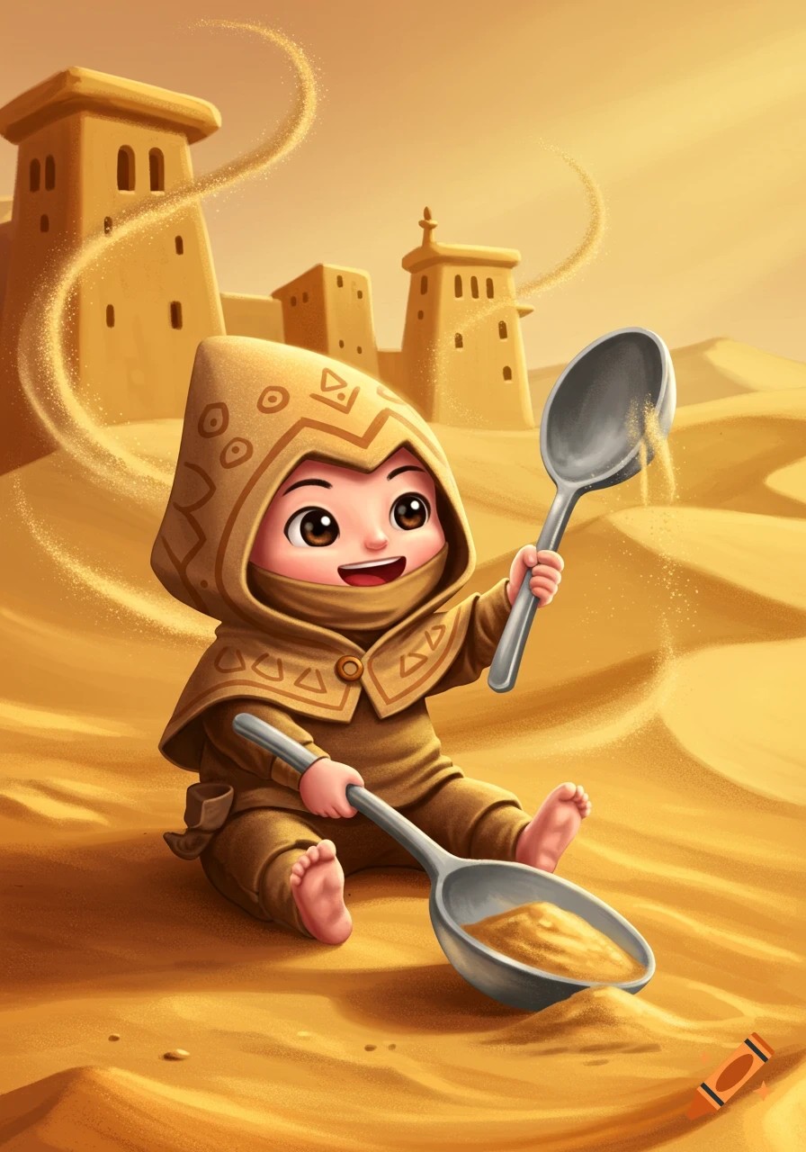 Cute cartoon toddler in a desert cloak, sitting on sand dunes, playing with two spoons. Sand fortresses in the background.