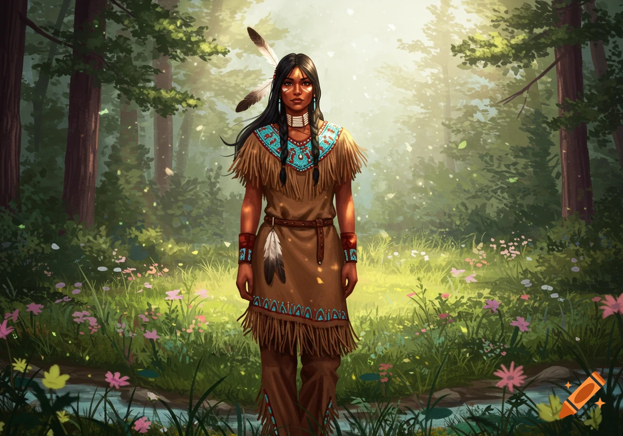 An illustration of an Indigenous woman in traditional attire, adorned with feathers and beads, standing in a sunlit forest.
