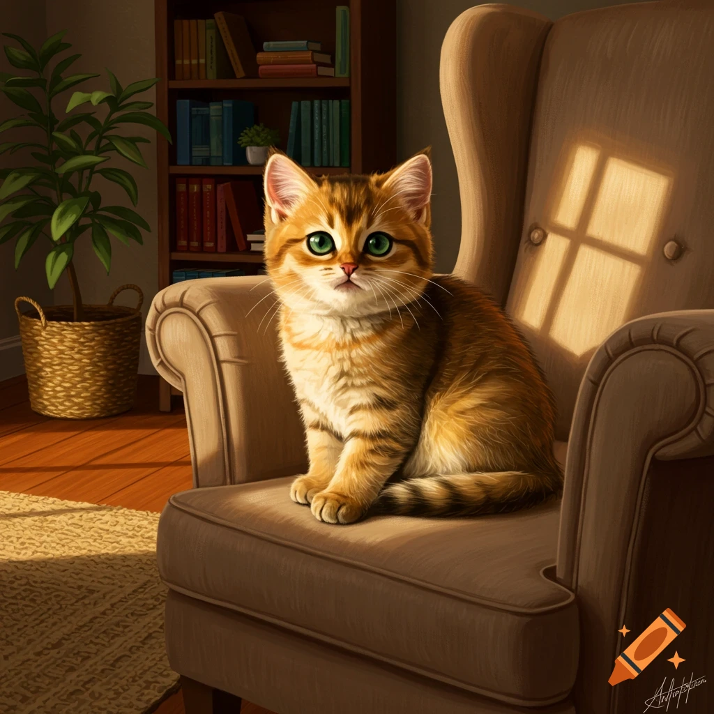 A fluffy golden brown kitten with large green eyes sits in a beige armchair in a sunlit room with a bookshelf and a potted plant.