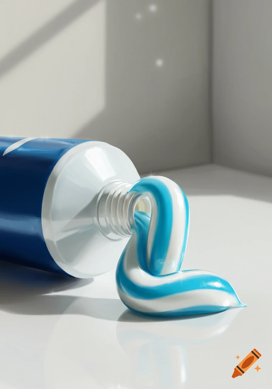 Blue and white toothpaste tube with white and blue striped toothpaste squeezed out, on a reflective white surface, photorealistic style.