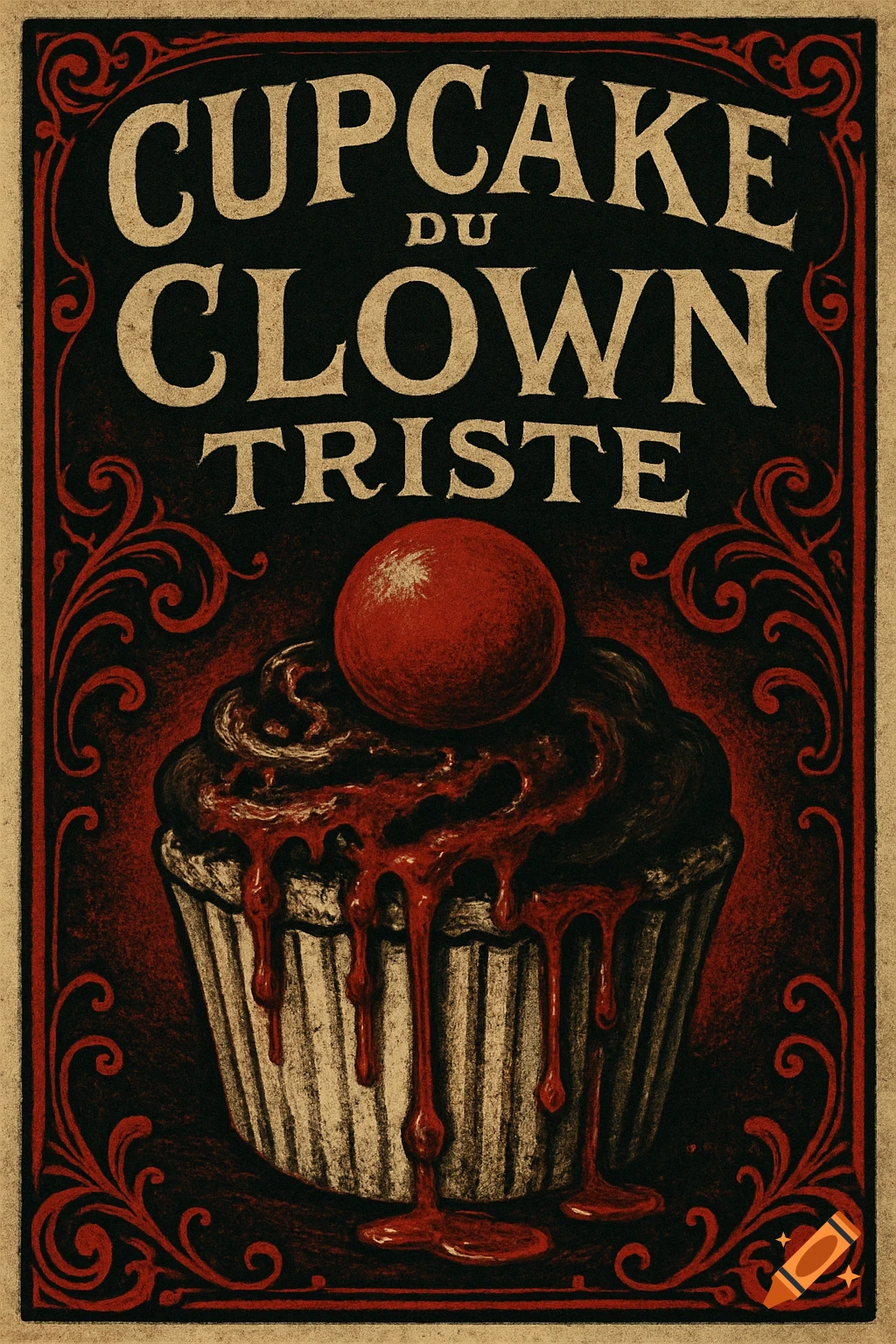 Vintage fair poster for 'Cupcake du Clown Triste' with a chocolate cupcake, red dripping frosting, and a clown nose on top.