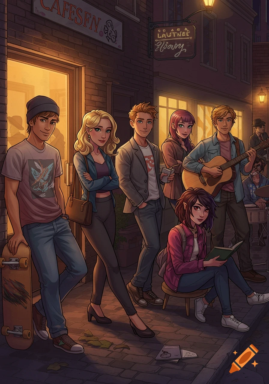 A group of young adults in an anime style stand outside a cafe on a street at dusk. One boy leans on a skateboard, another holds a guitar, and a girl sits reading.
