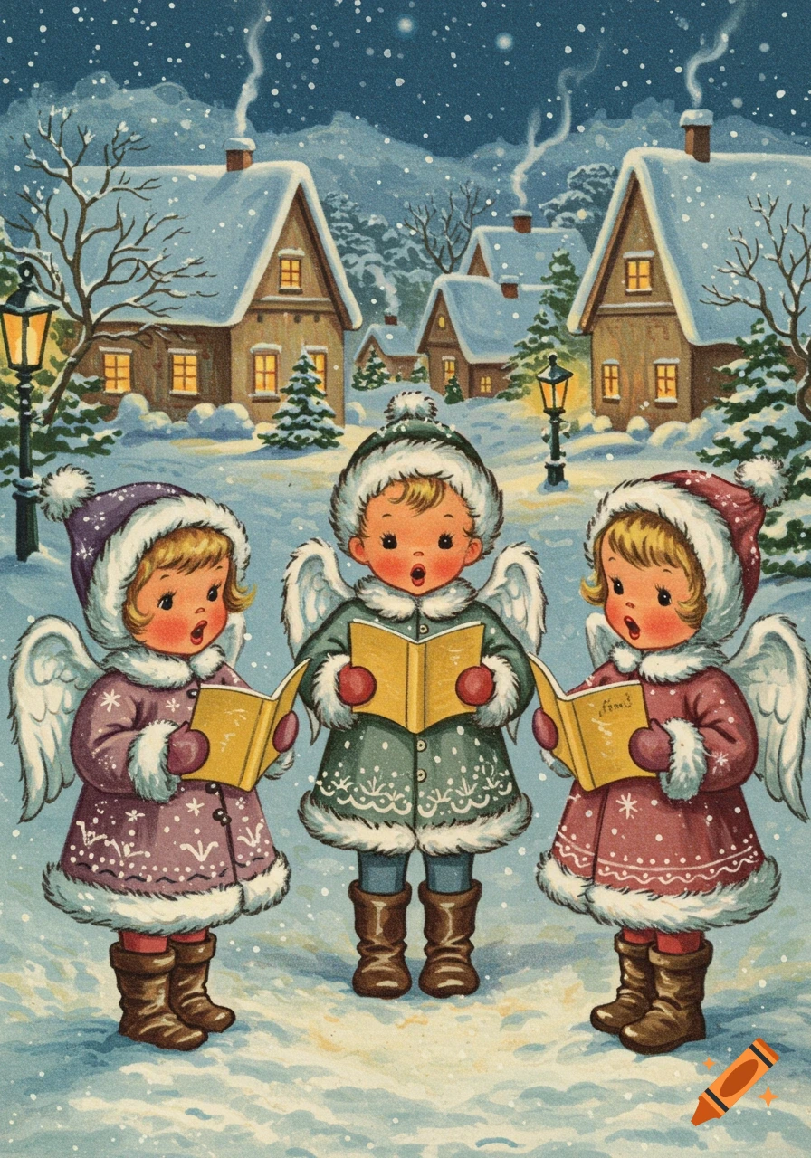Three cute angels in fur-trimmed coats and hats sing Christmas carols in a snowy village, 50s style illustration.