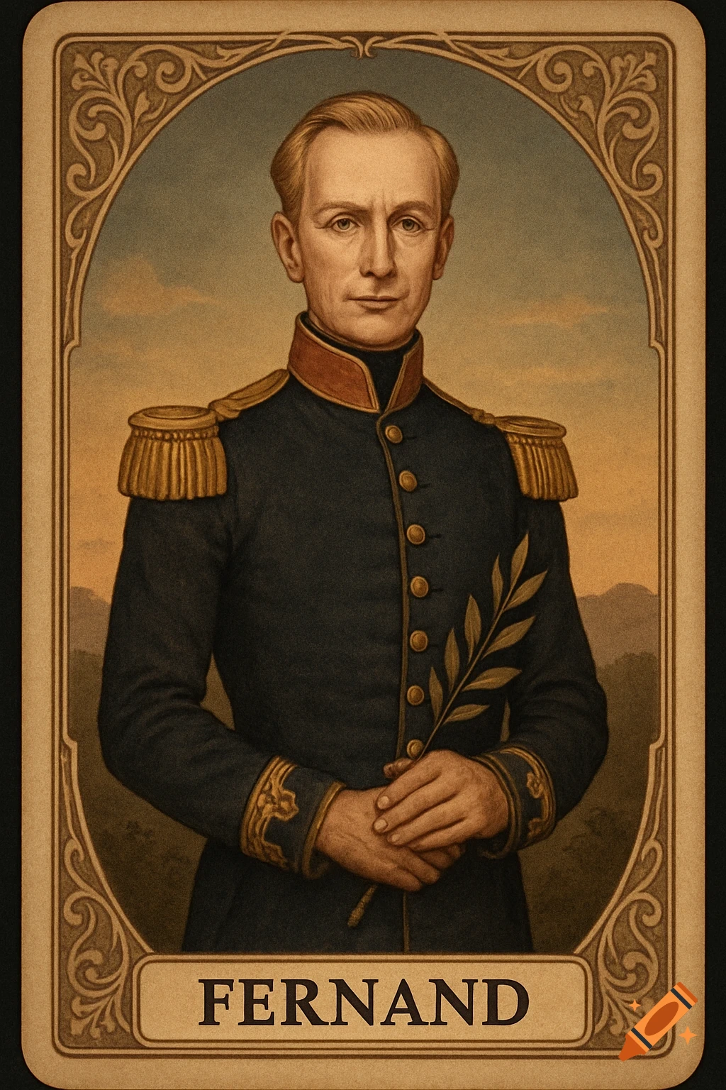 A vintage-style tarot card portrait of Fernand, a man in an 1800s French soldier uniform, holding a laurel branch.
