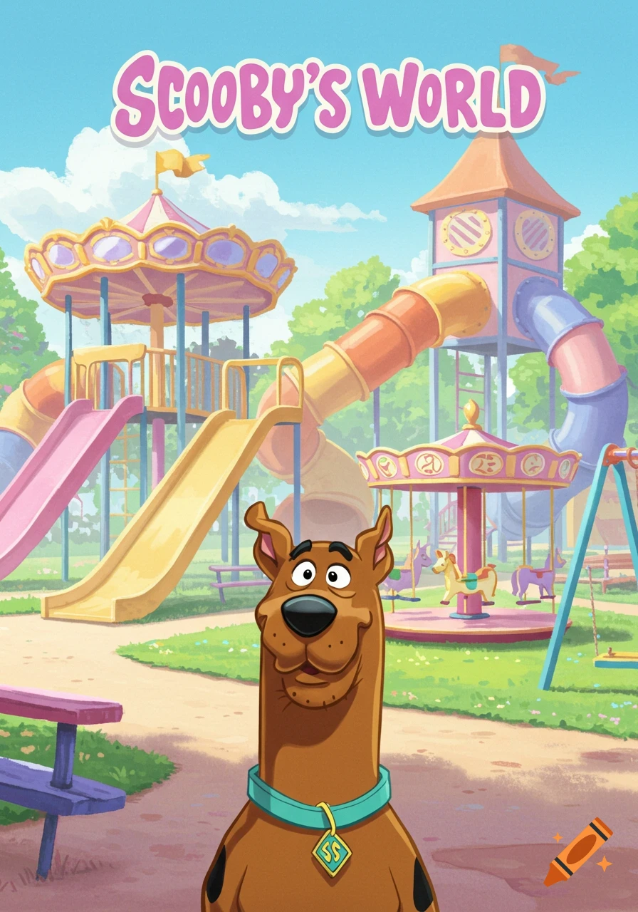 Cartoon Scooby-Doo smiles, standing in a colorful playground with slides and carousels, under "SCOOBY'S WORLD" text.