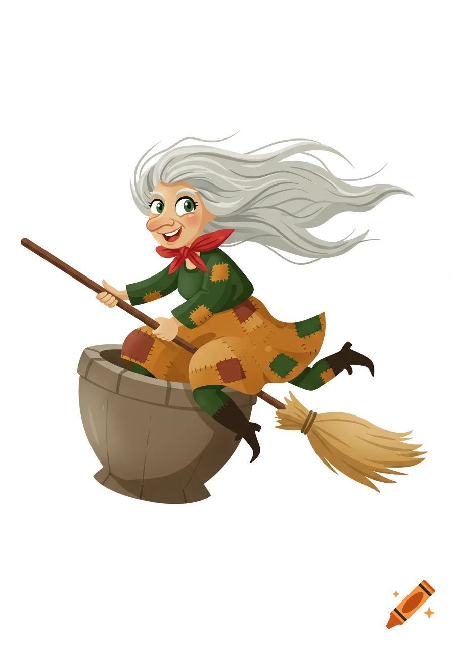Cartoon illustration of a smiling old witch with a long nose and gray hair, flying in a mortar while holding a broom, on a white background.