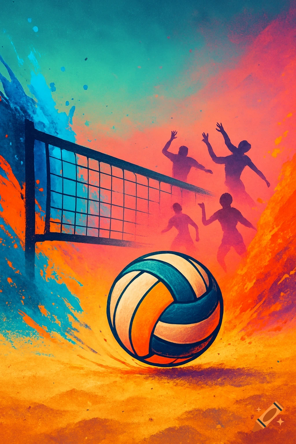 Stylized volleyball scene with silhouetted players, a net, and a volleyball against a vibrant, splattered orange and teal background.