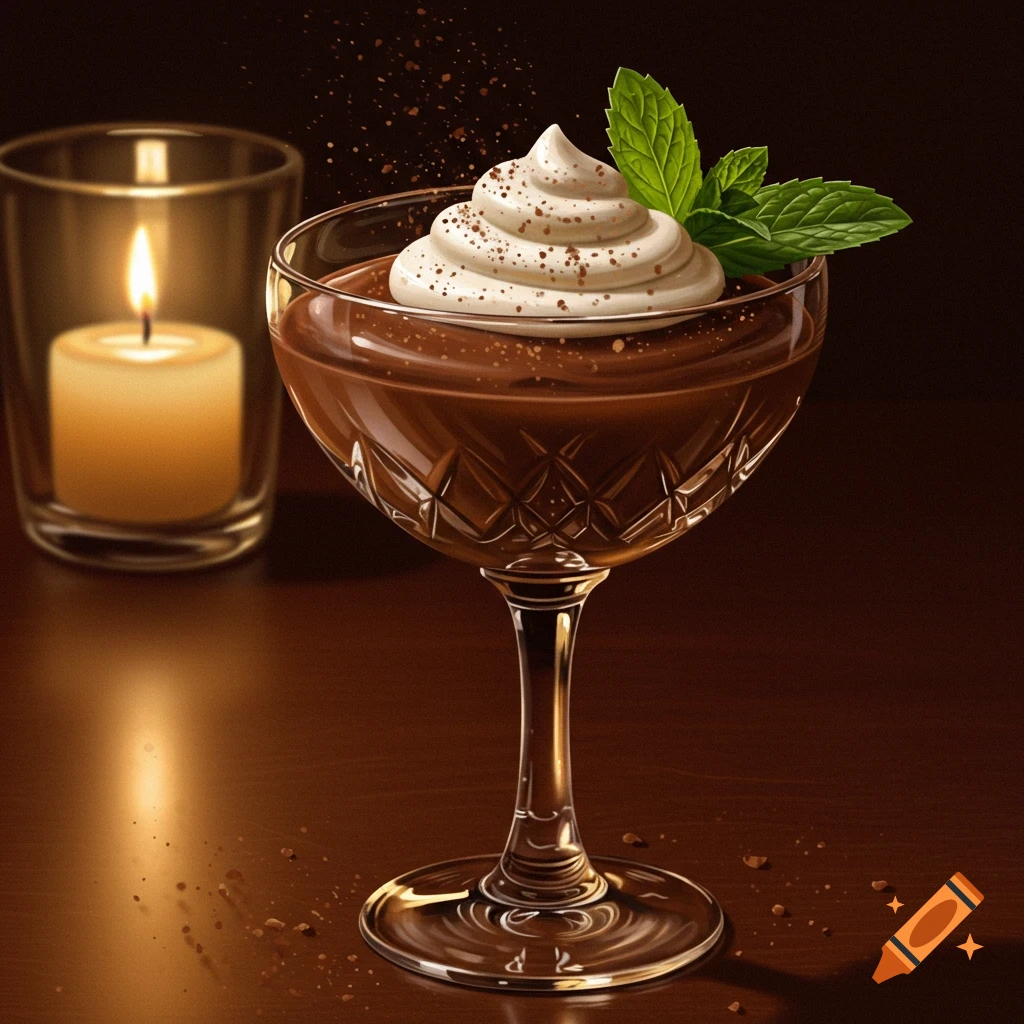 Photorealistic chocolate mousse in a coupe glass topped with whipped cream and mint, next to a lit candle on a dark wooden table.