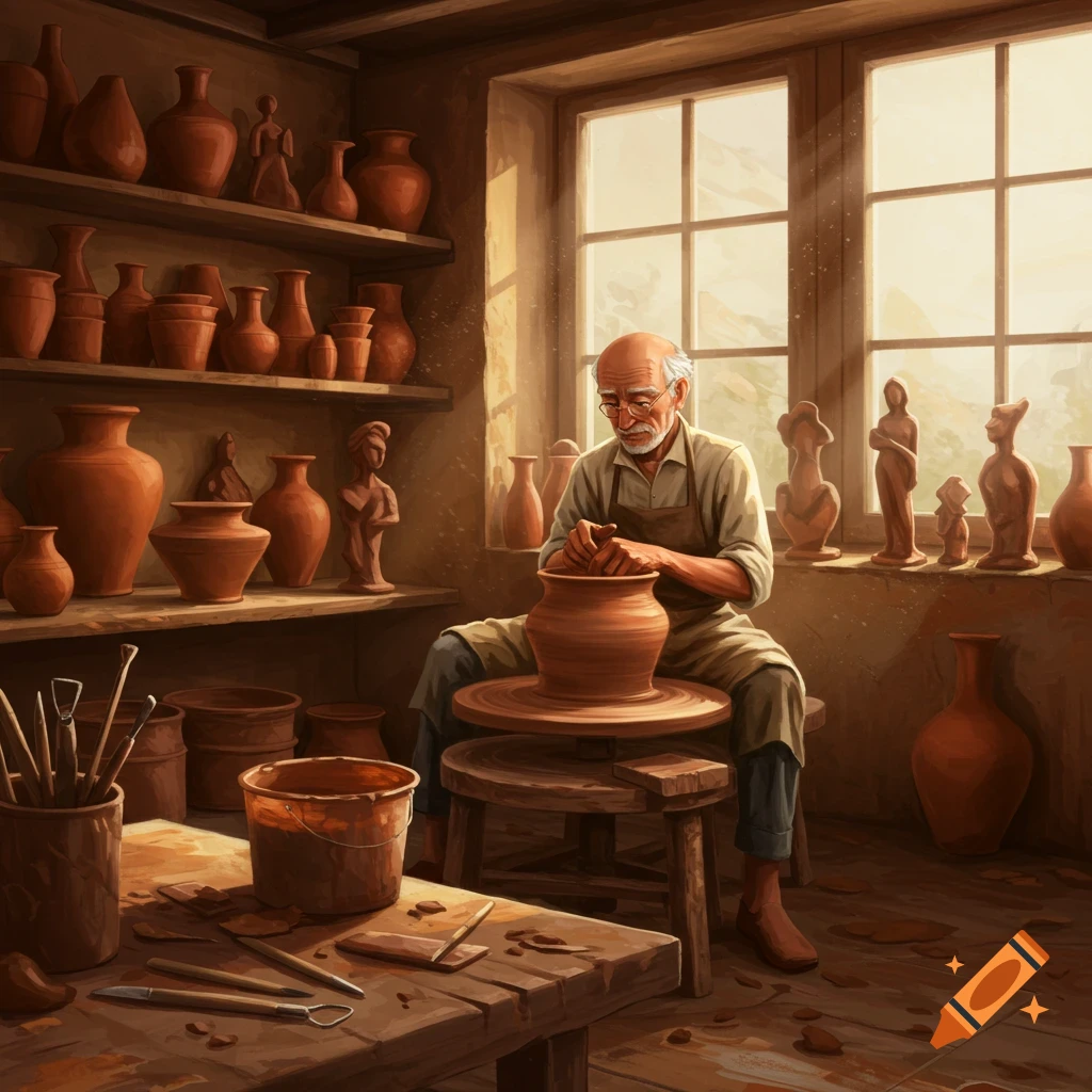 An old man crafts pottery on a wheel in a sunlit, rustic workshop filled with pots and tools.