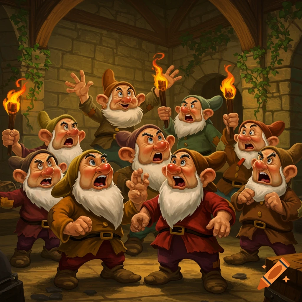 A cartoon illustration of nine angry dwarfs shouting and holding torches in a stone chamber.