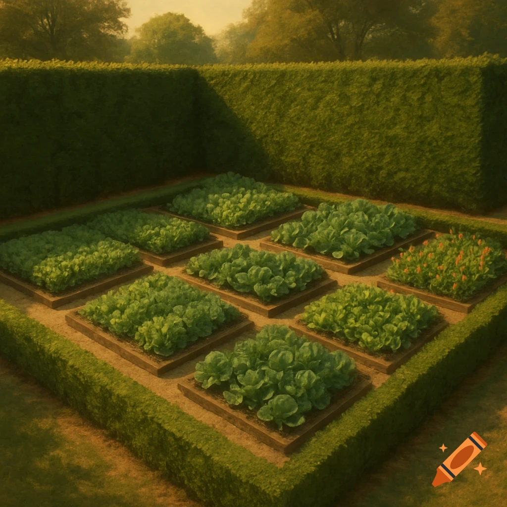An aerial view of a neatly arranged vegetable garden with multiple raised beds filled with various green plants and one bed with small red flowers, surrounded by a tall, trimmed hedge.