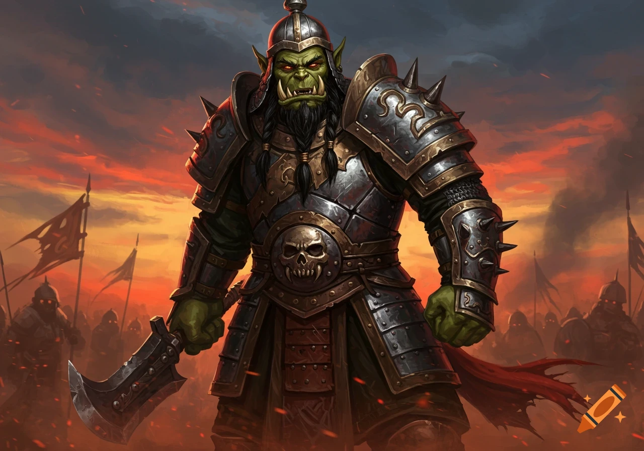 Heavily armored green-skinned orc warrior with red eyes and a blade stands before an army against a fiery sky, digital painting.