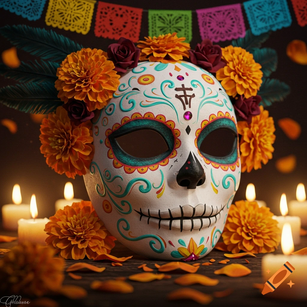 A colorful Day of the Dead sugar skull mask adorned with marigold flowers, feathers, and lit candles against a dark background with papel picado.