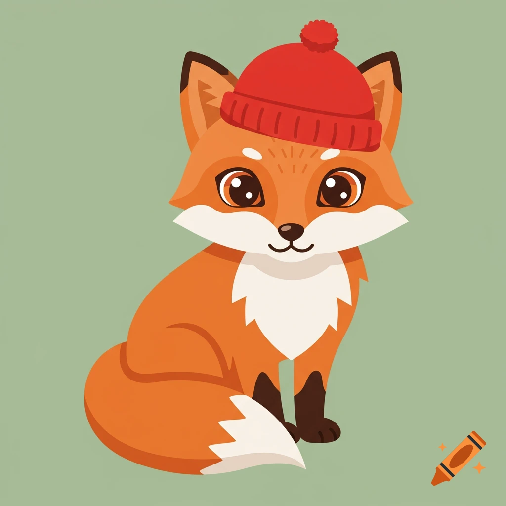 A cute cartoon fox wearing a red knit hat, sitting against a plain green background.