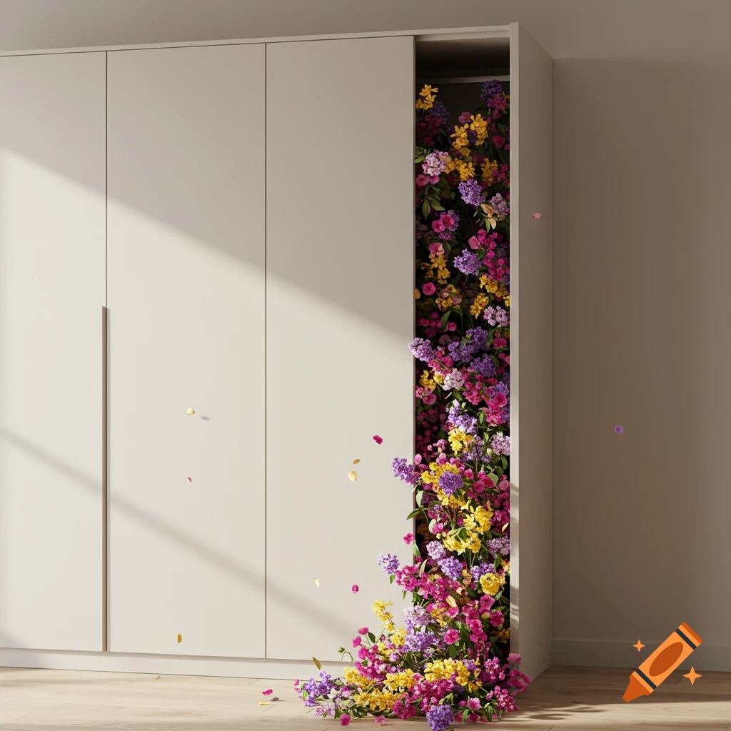 A modern, light-colored wardrobe with a burst of colorful flowers spilling out from an open section onto a wooden floor, photorealistic.
