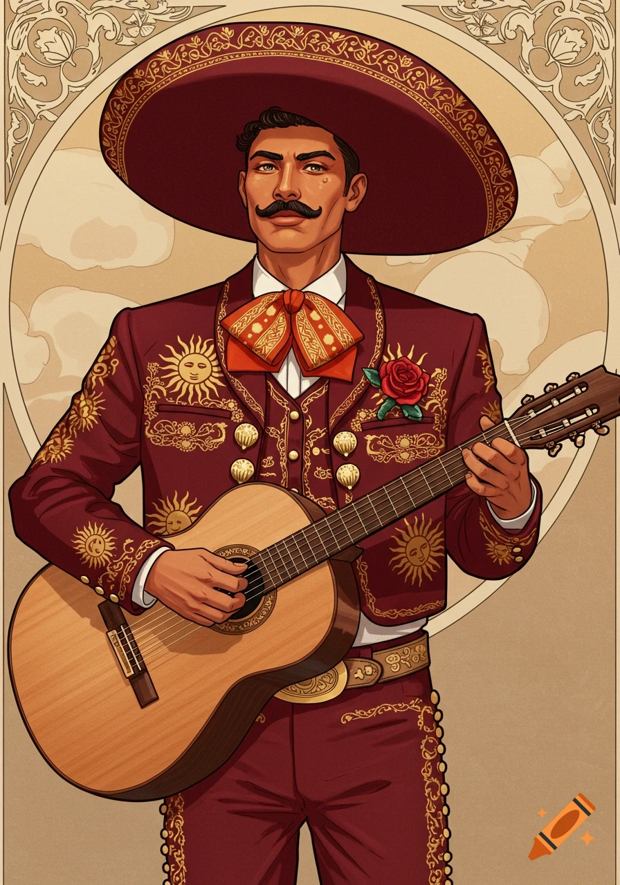 Art Nouveau portrait of a mariachi in a burgundy charro suit and sombrero, playing a classical guitar.