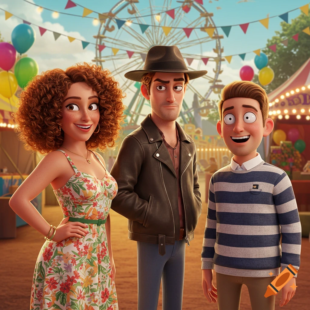 Three animated characters, a woman, a man in a hat, and a boy, standing at a bustling carnival with a ferris wheel.